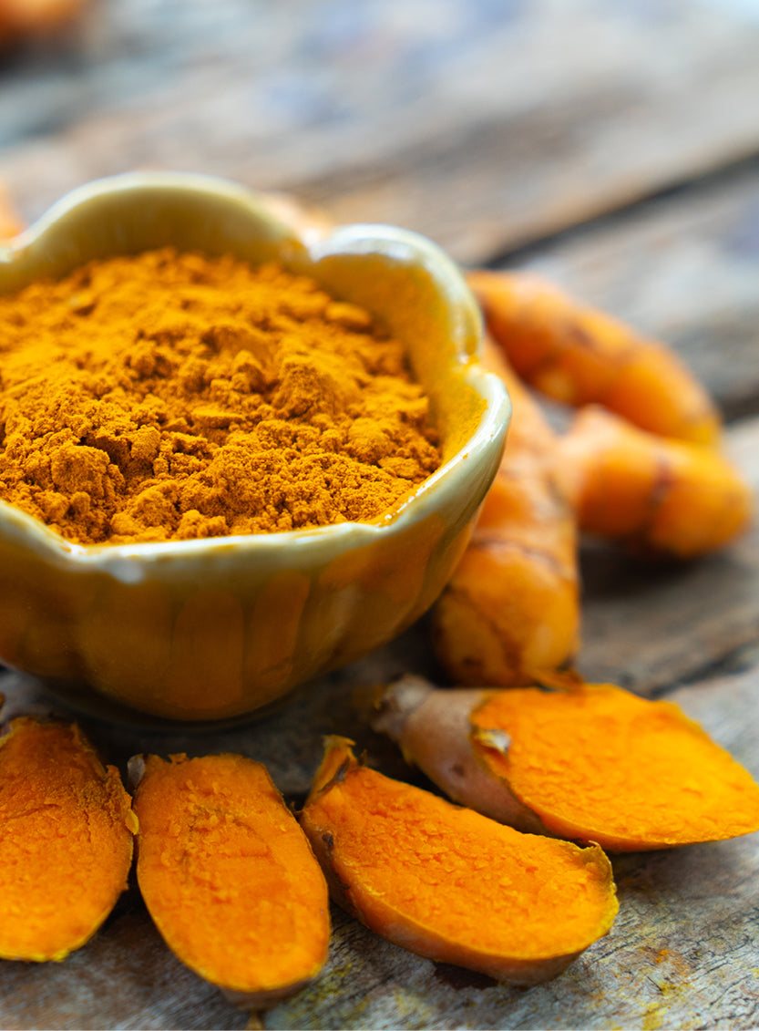 Powdered curcumin in a bowl and curcumin root in its natural state 