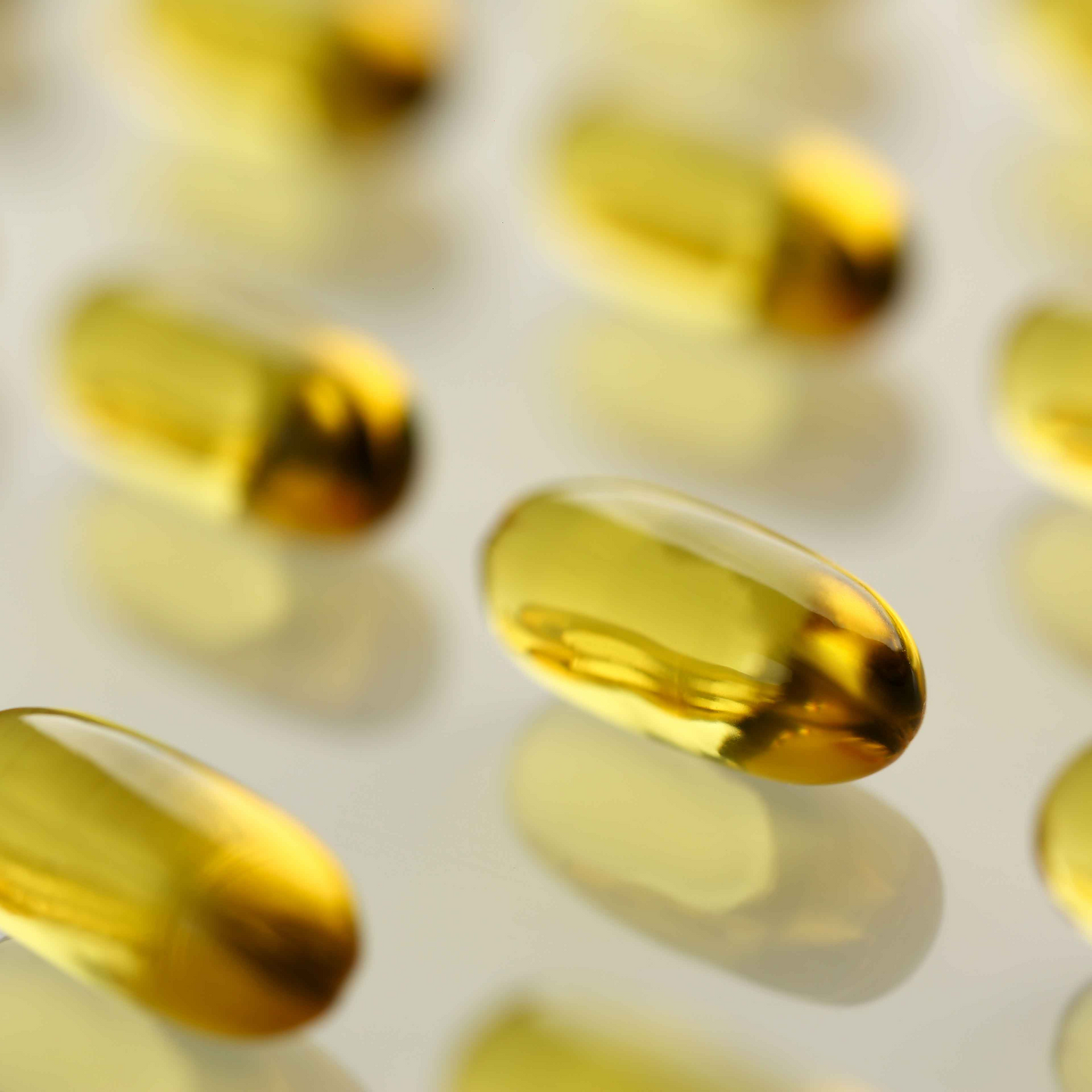 Close up of omega-3 capsules on a white background 